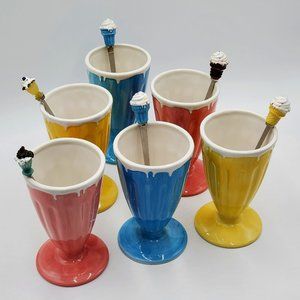 Pottery Barn Outlet Milkshake Ceramic Glass (6) & Spoons (6)